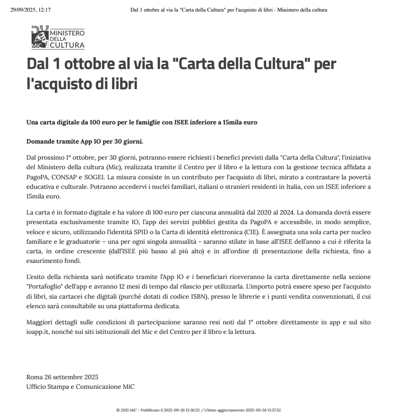 Bonus Cultura 100 euro Libri